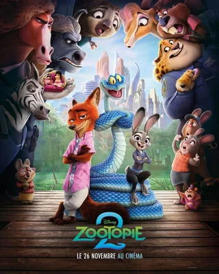 Affiche officielle du film Zootopie 2 avec plusieurs personnages animaux devant une skyline urbaine.