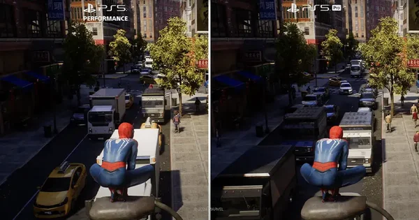Comparaison d'une scène de Marvel's Spider-Man entre PS5 et PS5 Pro.