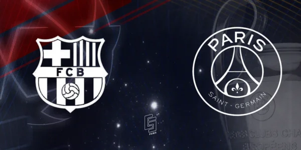 Logos du FC Barcelone et du Paris Saint-Germain face à face pour un match de Ligue des Champions.
