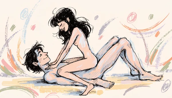 Pénétration anale en position du missionnaire, homme allongé sur le dos femme assise face à lui, les deux partenaires nus, préservatif visible sur le pénis