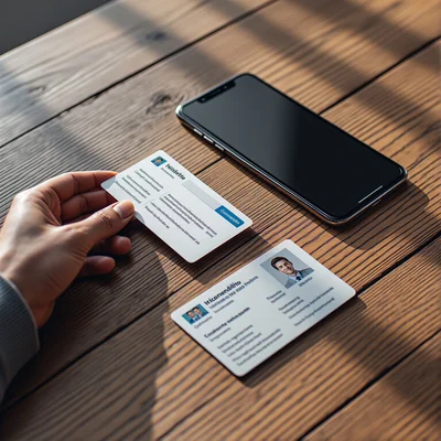 Gros plan d'une main tenant un smartphone au-dessus d'une carte d'identité posée sur une table en bois, lumière douce