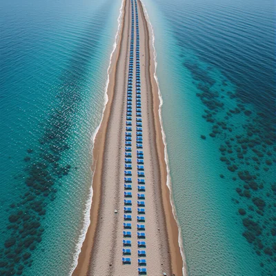 Vue en plongée d'une plage méditerranéenne ensoleillée avec une longue rangée de chaises bleues alignées face à la mer, eau turquoise claire et ciel bleu sans nuage