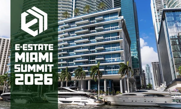 Promotional banner for E-Estate's Real Estate Tokenization Summit in Miami featuring event branding