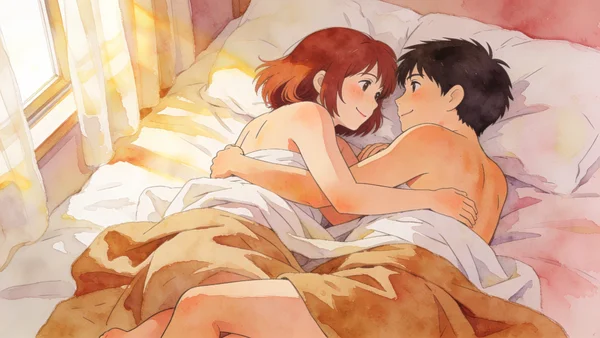 Couple allongé côte à côte dans un lit désordonné, tournés l'un vers l'autre, bras et jambes entrelacés, peaux nues visibles jusqu'aux épaules, lumière douce dorée du matin filtrant par des rideaux, regard complice, atmosphère de tendre intimité