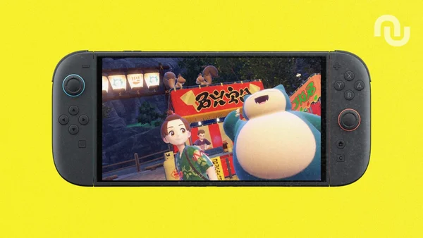 Scène de jeu sur Switch avec un personnage et un grand Pokémon bleu et blanc devant un étal.