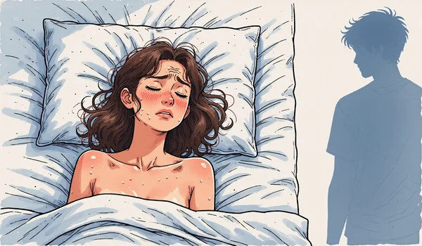 Femme nue allongée sur le dos dans un lit, yeux fermés, tête tournée vers la droite. À sa droite, une silhouette masculine floue représente son partenaire. D'un côté du corps, elle est détendue et lumineuse; de l'autre, plus tendue. Visage exprimant le dilemme intérieur.