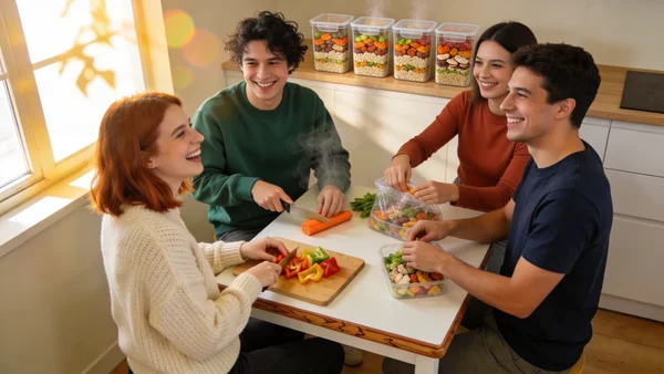 Quatre jeunes adultes autour d'une petite table de cuisine, riant et préparant ensemble, légumes coupés en dés sur planches à découper, plusieurs contenants en plastique transparent remplis de repas préparés sur le plan de travail, ambiance conviviale de dimanche après-midi, lumière naturelle