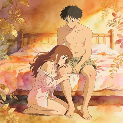 Illustration style Ghibli : couple intime