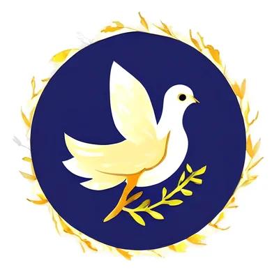 Illustration d'une colombe blanche tenant une branche d'olivier sur fond bleu foncé.