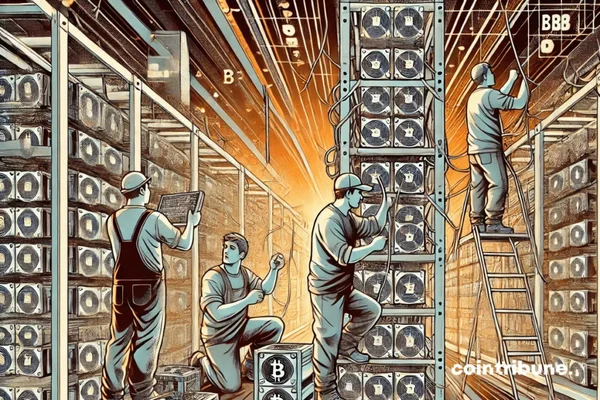 Illustration d'ouvriers installant et entretenant des racks de machines de minage Bitcoin.