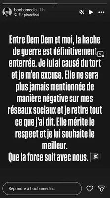 Publication de Booba sur les réseaux sociaux adressant ses excuses à Demdem et mettant fin au conflit