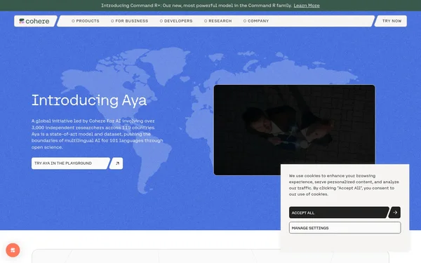 Page d'accueil du site Cohere présentant l'initiative mondiale Aya avec une carte du monde.
