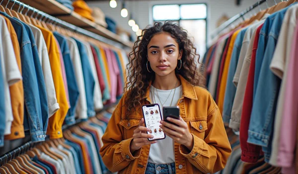 Jeune femme de la génération Z faisant du shopping sur son smartphone, parcourant une application de mode seconde main avec des vêtements vintage colorés en arrière-plan