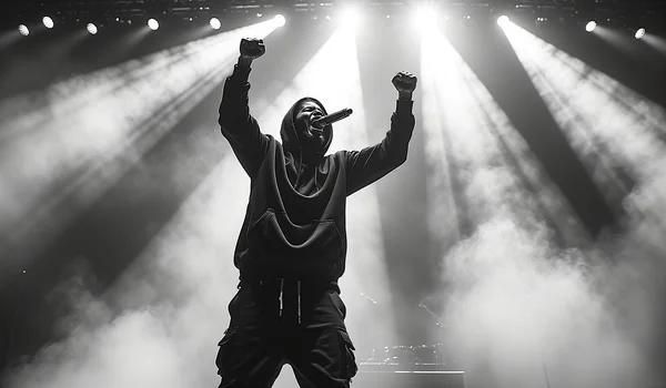 Rappeur français sur scène en train de performer, poing levé, projecteurs violents perçant la fumée, fouurée en transparence, ambiance sombre et agressive