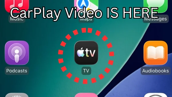 Un écran d'accueil iOS montrant l'application Apple TV encerclée pour CarPlay Video.