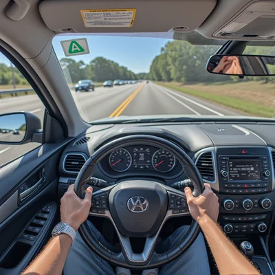 Vue de l'intérieur d'une voiture montrant un jeune conducteur au volant, mains en position 10h10, concentré sur la route, avec un disque A bien visible en bas à gauche de la lunette arrière, lumière du jour