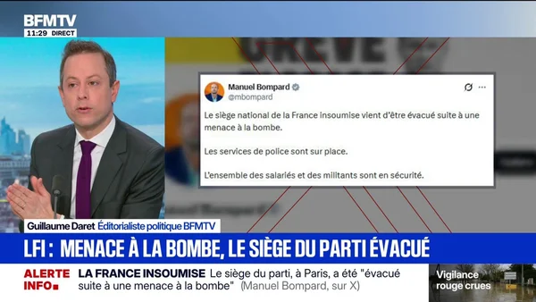 Capture d'écran BFMTV du tweet de Manuel Bompard annonçant l'évacuation du siège de LFI.