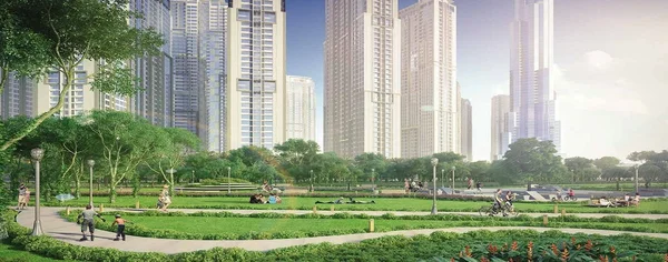 Rendu numérique de Vinhomes Central Park montrant les gratte-ciel modernes entourant un parc urbain paysager.
