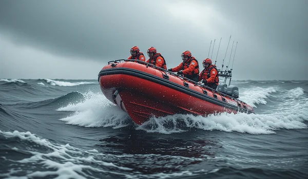 Un canot de sauvetage rouge d'une organisation humanitaire aide des naufragés dans l'eau sombre par gros temps