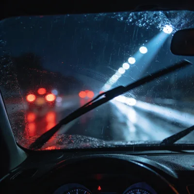 Conduite sous la pluie de nuit vue depuis l'intérieur d'une voiture, essuie-glaces en action sur le pare-brise, route mouillée avec reflets rouges et blancs des feux arrière et des lampadaires, ambiance nocturne bleutée et humide, conditions météo difficiles