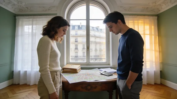 Jeune couple debout devant une fenêtre en arc-boutant typique d'un appartement parisien, regardant un plan de ville posé sur une table avec des dossiers bancaires et une calculatrice, lumière matinale douce traversant les rideaux légers, intérieur haussma