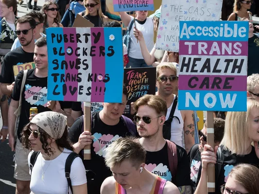 Des manifestants réclamant des soins de santé accessibles pour les jeunes trans.