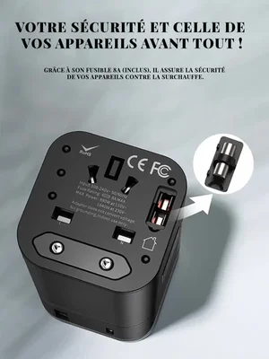 Baseus 6-in-1 retractable travel adapter with USB ports shown from multiple angles