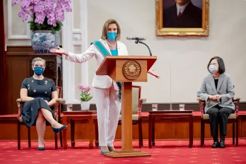 U.S. House of Representatives Speaker Nancy Pelosi speaks next to Taiwan President Tsai Ing-wen and American Institute in Tai