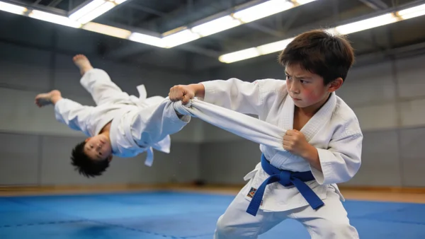 Enfant de 8 ans en kimono de judo blanc exécutant une projection parfaite sur un partenaire au sol, vue latérale capturant le mouvement dynamique, bras tendu, contact visuel concentré, tatami olympique bleu, éclairage de gymnase