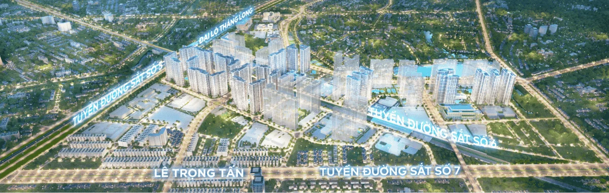 Vue aérienne du projet Vinhomes Smart City montrant l'urbanisme intégré avec routes, tours résidentielles et espaces verts.