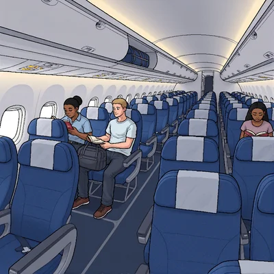 Intérieur de cabine d'avion avec rangées de sièges étroits en tissu bleu, passagers installés avec des bagages à main, éclairage neutre