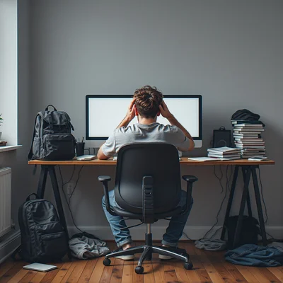 Un jeune homme assis à un bureau, un sac à dos à côté de lui, la tête dans les mains regardant un écran d'ordinateur, une pièce en désordre avec des livres et des vêtements par terre