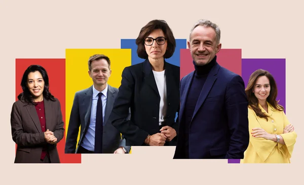 Visuel graphique avec cinq candidats pour les sondages municipaux à Paris