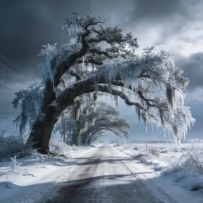 Desolate frozen Louisiana landscape with ice-covered oaks