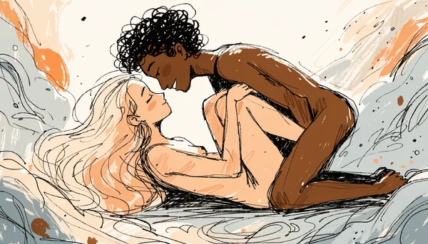 Pénétration vaginale en position du missionnaire, femme allongée sur le dos jambes écartées et enveloppant le torse de son partenaire au-dessus d'elle, visages rapprochés et regard dans les yeux