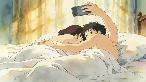 Un couple de jeunes adultes allongés côte à côte dans un lit, chacun tenant un téléphone portable, éclairage doux et chaleureux de fin de journée, regardant leurs écrans avec des sourires complices, l'atmosphère est intimiste et romantique avec des draps blancs froissés et une lumière dorée filtrant à travers des rideaux