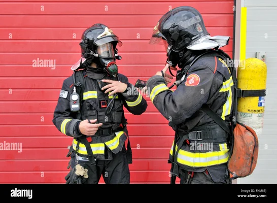 Deux pompiers en tenue de protection complète, casques et bouteilles d'oxygène, devant une porte de garage rouge.