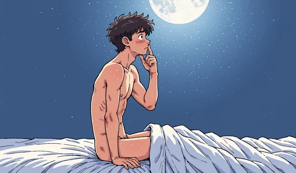 Homme de profil assis au bord de son lit la nuit, index et majeur appuyés sur la tempe, regard dans le vide, posture tendue, reflet de la lune sur son visage