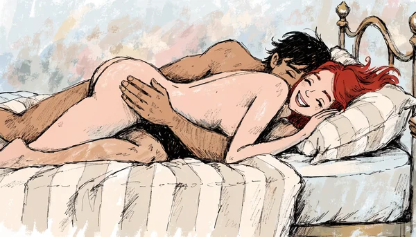 Couple allongé sur un lit en albâtre, étreints dans une position de cuillère intime, peau nue contre peau, main posée sur la hanche, lumière du matin filtrant à travers les rideaux