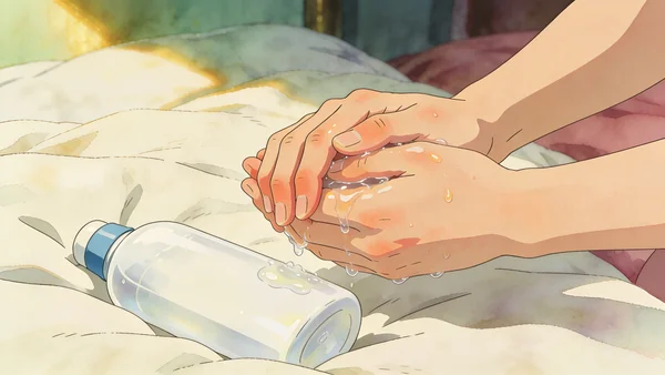 Gros plan sur des mains appliquant du gel lubrifiant transparent sur des doigts, flacon de lubrifiant à base d'eau visible en arrière-plan, éclairage chaleureux, composition éducative et non explicite