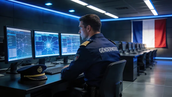 Agent français de la gendarmerie nationale en uniforme travaillant sur un poste informatique avancé avec des écrans multiples, dans un centre de lutte contre les criminalités numériques, drapeau français visible en arrière-plan, ambiance professionnelle et technologique