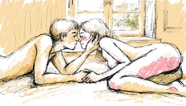 Homme et femme allongés sur un lit nu face à face, se tenant par la main, l'homme caressant doucement la joue de la femme avec son autre main, lumière naturelle douce