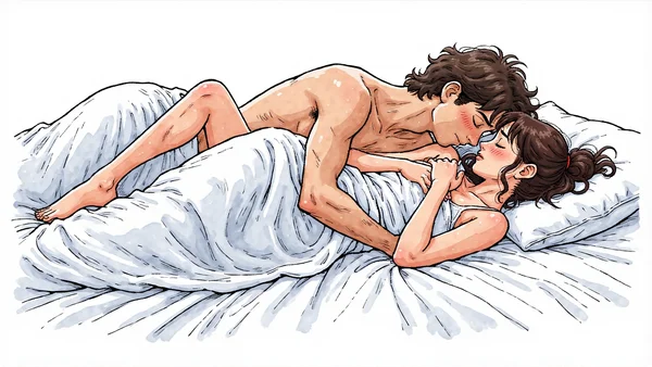 Vue de profil d'un couple pratiquant la sodomie en position latérale, la femme sur le côté gauche avec le genou relevé vers la poitrine, l'homme derrière elle en spooning, torsos nus, draps blancs en fond, angle de vue mettant en valeur l'alignement anato