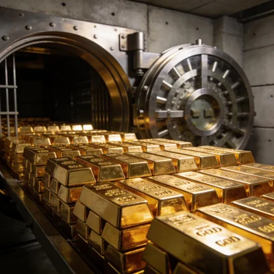 Lingots d'or brillants empilés dans une chambre forte bancaire, éclairage latéral créant des reflets chauds sur le métal précieux, portes de coffre-fort en acier brossé en arrière-plan