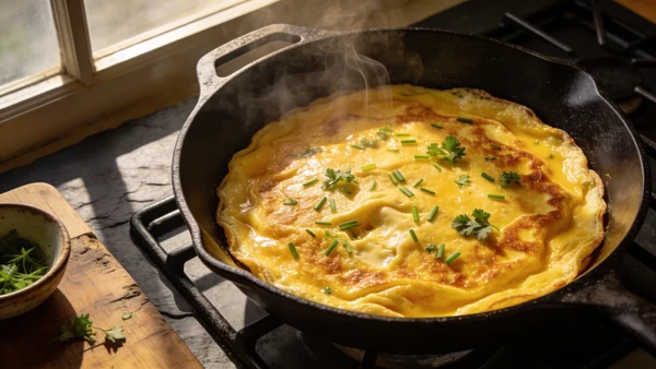 Omelette dorée dans une poêle noire sur une cuisinière, vue de dessus, quelques herbes fraîches parsemées, fumet s'élevant, lumière naturelle de cuisine