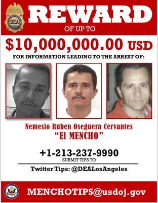 DEA reward poster seeking information on El Mencho with a $10 million reward offer.
