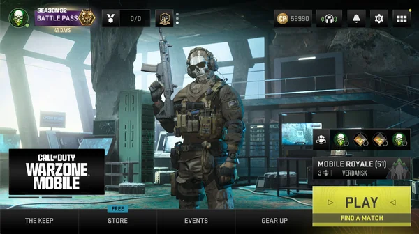 Menu principal de Call of Duty: Warzone Mobile affichant le Battle Pass et les options de jeu