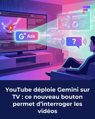 Illustration stylisée d'une personne sur un canapé utilisant le bouton 'G Ask' sur une TV YouTube.