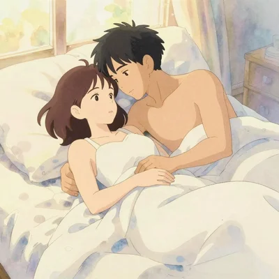 Couple nu en position intime, corps enchevêtrés, homme derrière la femme allongée sur le côté, son bras passant autour d'elle pour atteindre le mont de Vénus, suggérant la stimulation manuelle du clitoris pendant la pénétration, draps froissés, éclairage tamisé de bougie, intimité et plaisir partagé