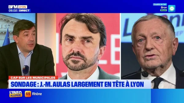 Captation BFMTV montrant trois hommes en plateau discutant des sondages pour Lyon.